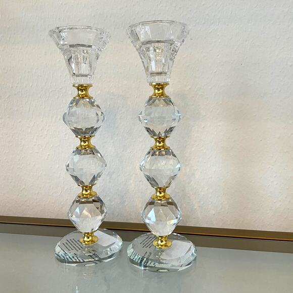 Faceted Crystal & Brass Candlestick Holders 9in Set of 2 Baroque Style NEW - Picture 6 of 10